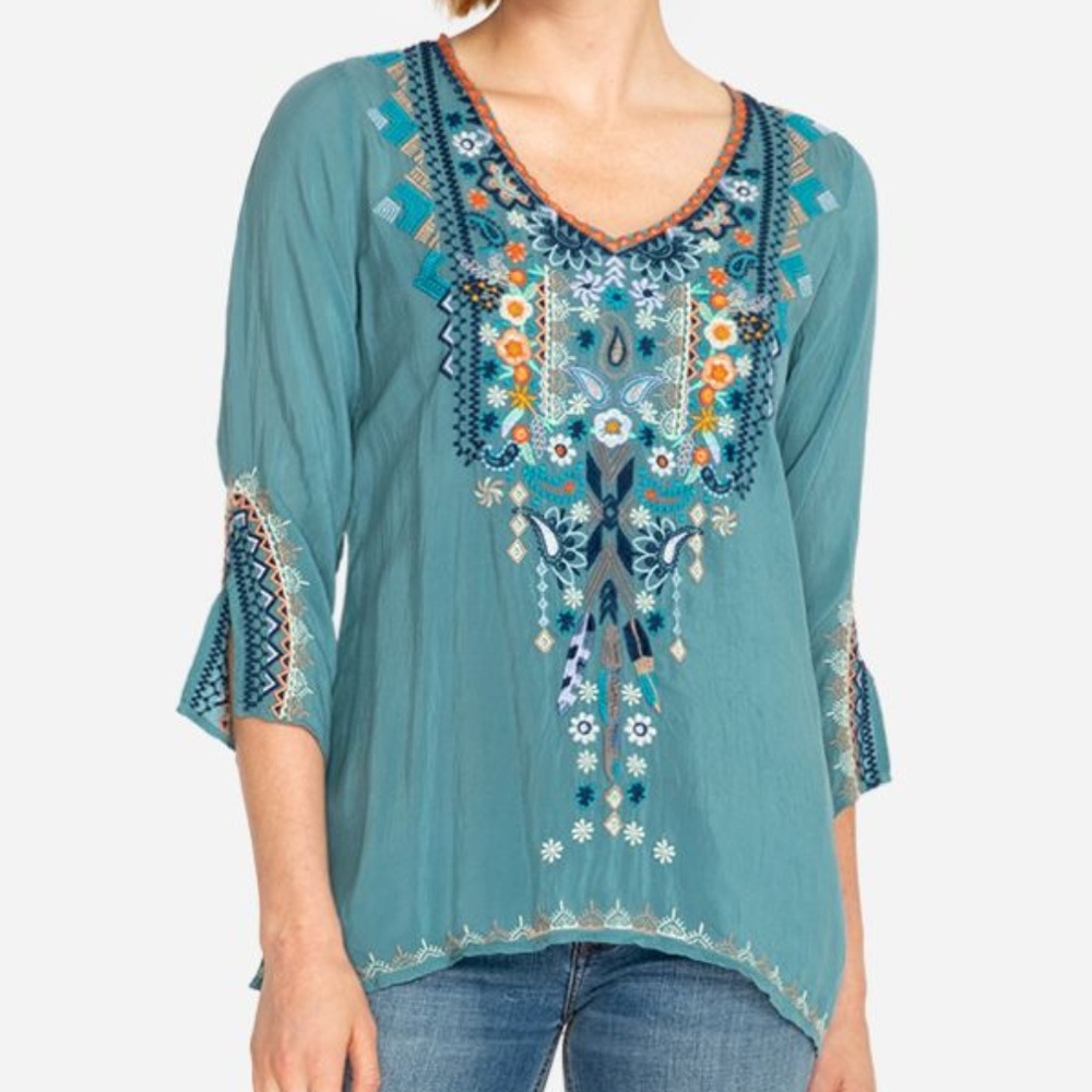 Johnny Was Teal V-Neck Embroidered Flutter Sleeve Blouse
